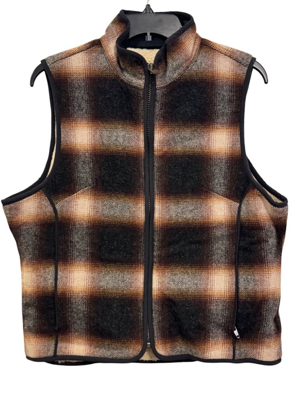 L.L. Bean Womens Plaid Wool Blend Sherpa Lined Vest Medium Brown & Black